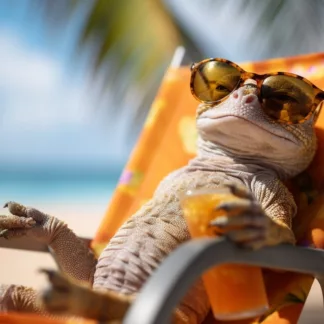 Gecko Sipping A Cocktail On The Beach