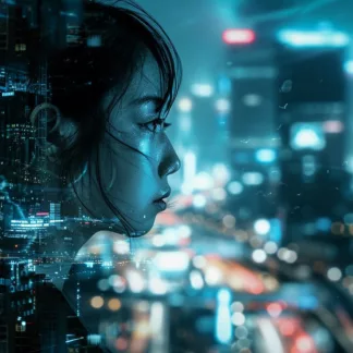 Matrix Style Photo Of Thai Woman, Bangkok Skyline