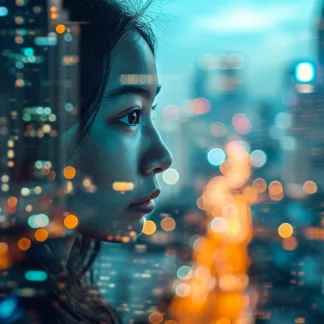 Matrix Style Photo Of Thai Woman, Bangkok Skyline