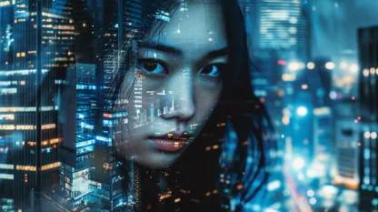 Matrix Style Photo Of Thai Woman, Bangkok Skyline